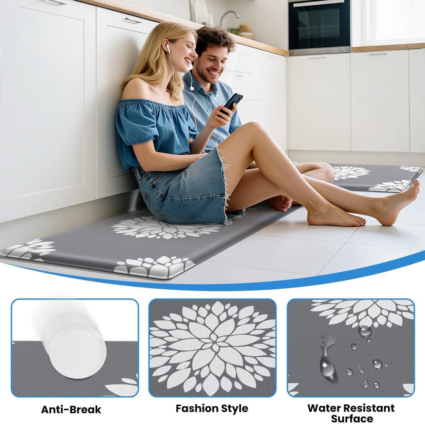 DailyCuddles Kitchen Mats for Floor [2PCS], Soft Anti Fatigue Kitchen Rugs for Home, Water Resistant Cushioned Standing Desk Mats, Non-slip Comfort Mat for Floor, Kitchen, Office, Sink, Laundry (Grey)