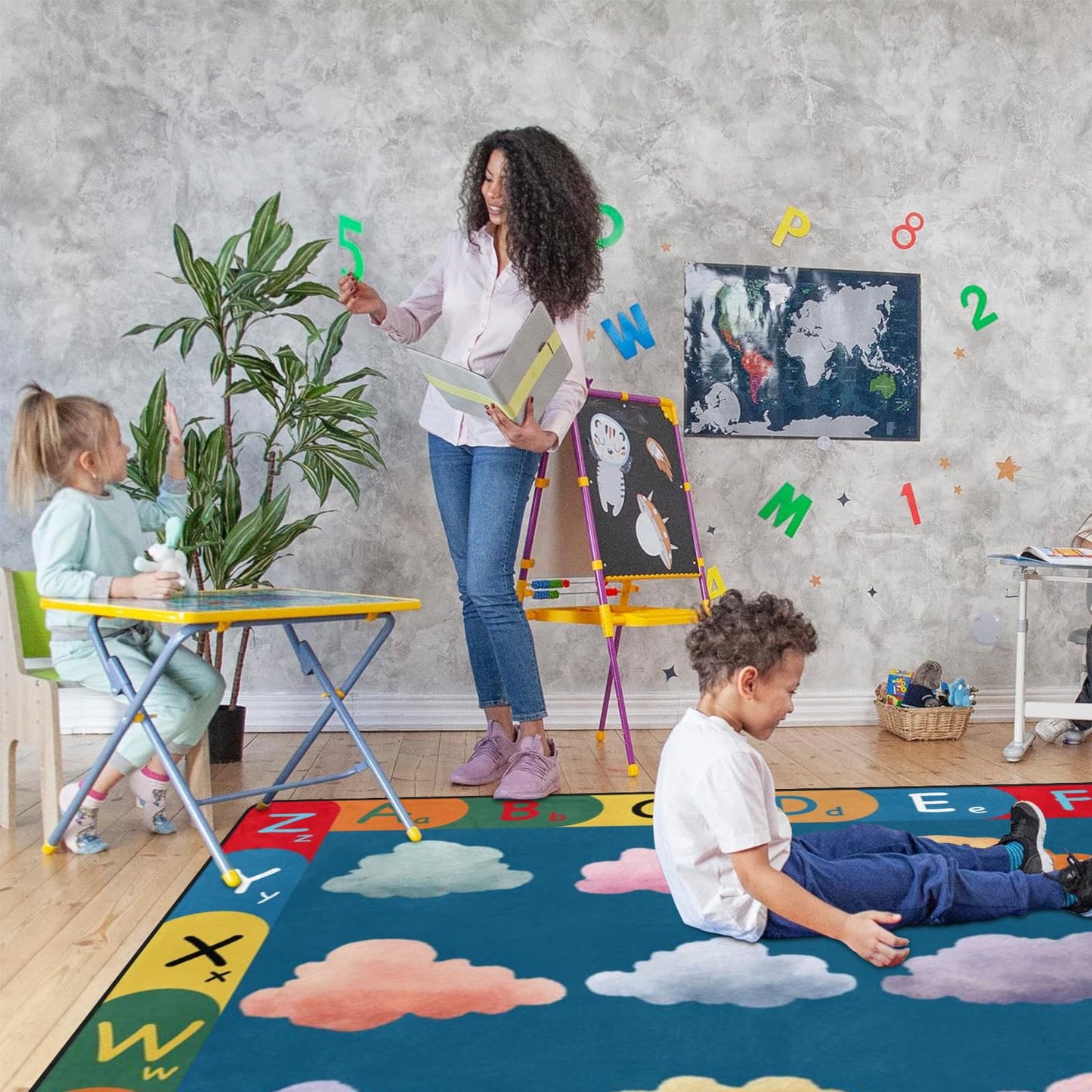 Kids Classroom Seating Rug for 12 Children, 5x7 Alphabet Circle Time Carpet, Educational Preschool Learning Rug with Colorful Cloud Seats, Non-Slip Area Rug for Daycare Playroom