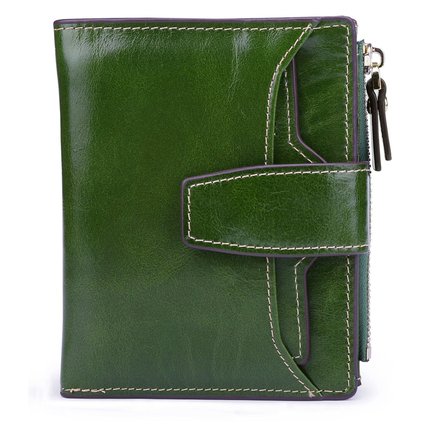 AINIMOER Women's RFID Blocking Leather Bi-fold Wallet, Waxed Green