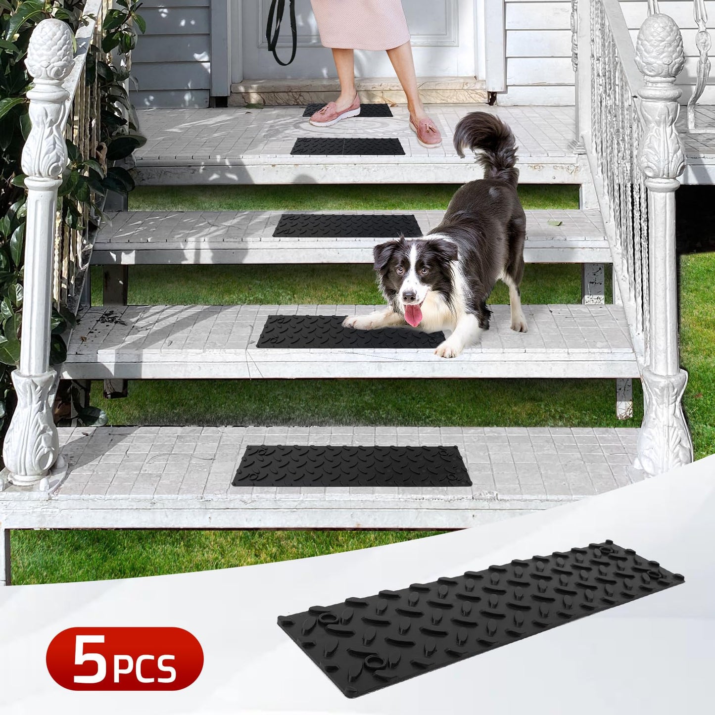 ROBLOCK 5 PCS Rubber Stair Tread for Wooden Steps, Skid Resistant Stair and Outdoor Stair, 15.5" x 4" 5 Packs Non Slip Outdoor Stair Treads, Black