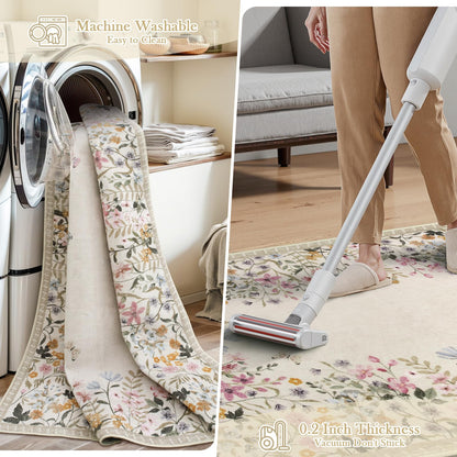 Wonnitar 5x7 Area Rug for Living Room, Floral Washable Rug for Bedroom, Boho Botanical Nursery Rug, Non Slip Soft Farmhouse Carpet, Beige Kids Playroom Decor (5x7 Beige)