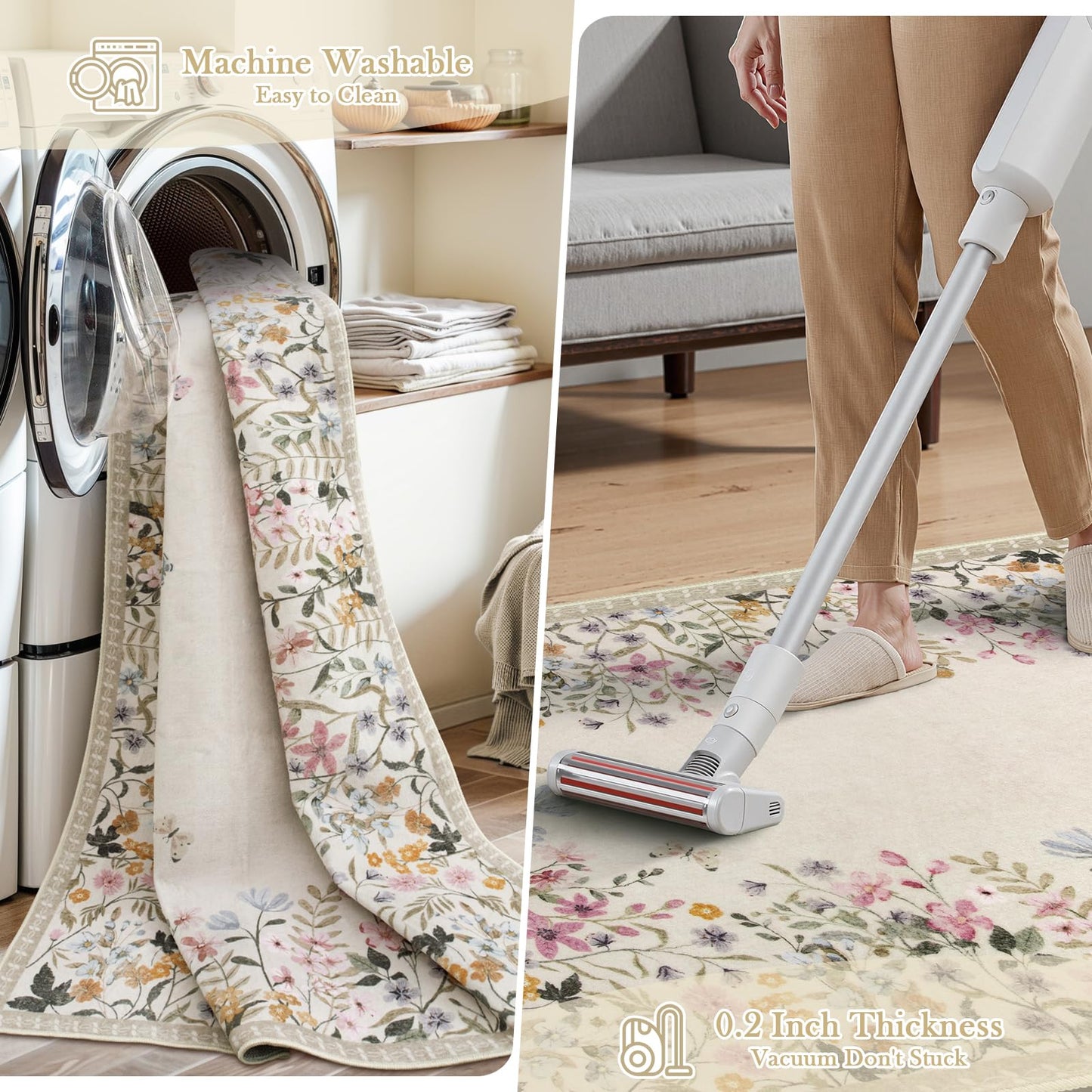 Wonnitar 4x6 Washable Area Rug, Boho Floral Bedroom Rug, Botanical Carpet for Nursery, Beige Non Slip Office Rug, Farmhouse Kitchen Kids Playroom Decor (4x6 Beige)
