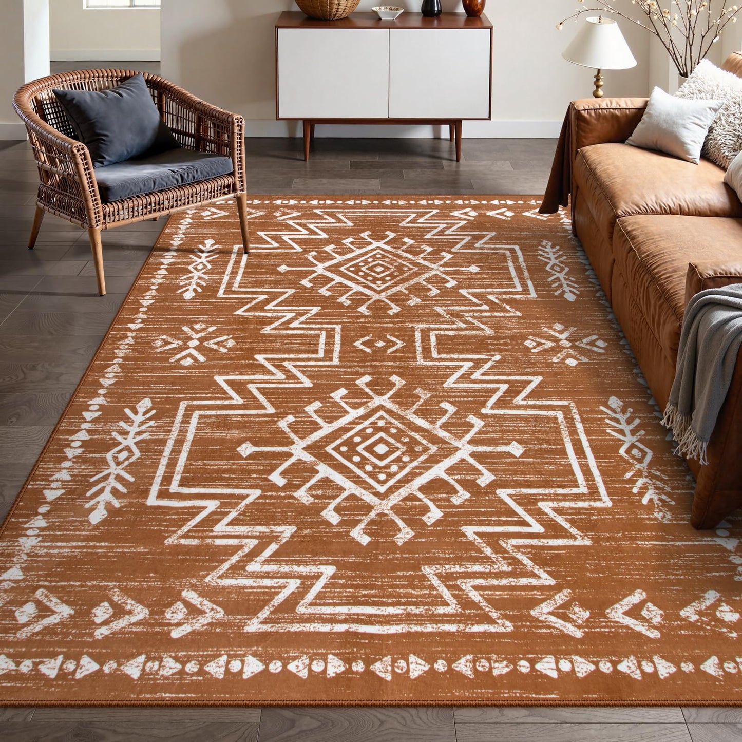 Lahome Vivienne 5x7 Boho Rugs for Living Room, Washable Bedroom Western Area Rug, Low Pile Soft Burnt Orange Carpet, Stain Resistant Distressed Fall Rug Aztec Carpets for Dining Room