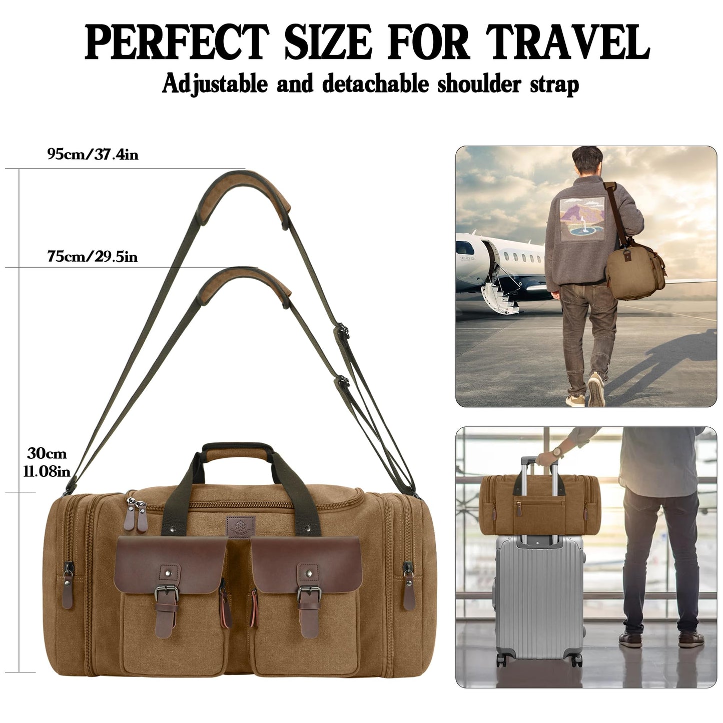 Densata Canvas Duffle Bag for Men 50L Travel Duffel Bags Expandable Genuine Leather Duffel Overnight Weekender Carry On Bag Two Zipper Pockets Travel Bag (Coffee, Large-50L)