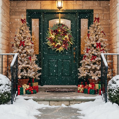 22 Inch Pre-Lit Artificial Christmas Wreath Rose Wreath with Glitter Christmas Deer Reindeers Figurine Decor Berries and Timer for Front Door Window Indoor Outdoor Festive Xmas Holiday
