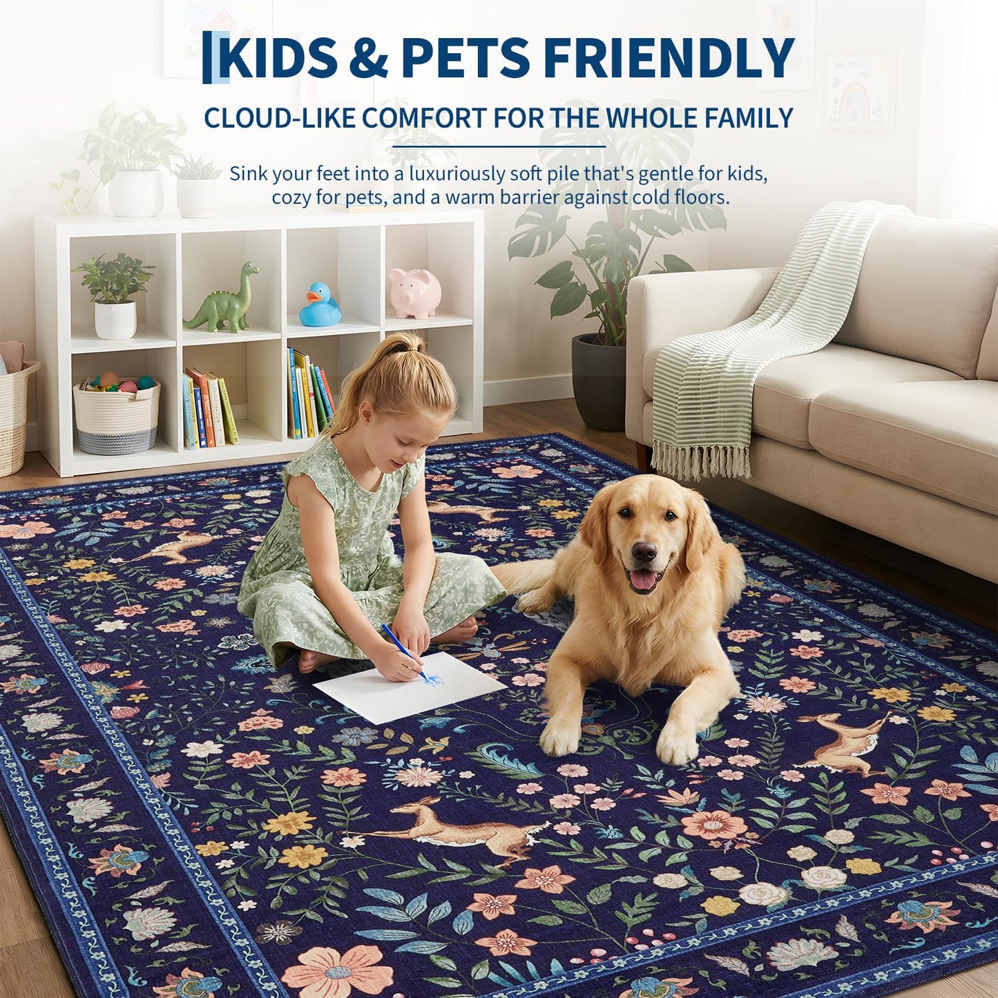 Garvee Living Room Rug 8x10 Washable Rug Floral Rugs for Bedroom Non Slip Low Pile Indoor Carpet Soft Non-Shedding Foldable Thin Mat for Bedroom Dining Room Farmhouse Kids Playroom Office Dorm Blue