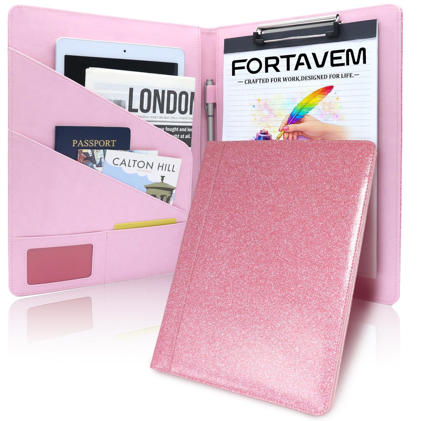 FORTAVEM Professional Portfolio Binder, Faux Leather Padfolio for Resume, Note-Taking & Meetings, A4 Letter Writing Pad Holder for Women & Men, Pink