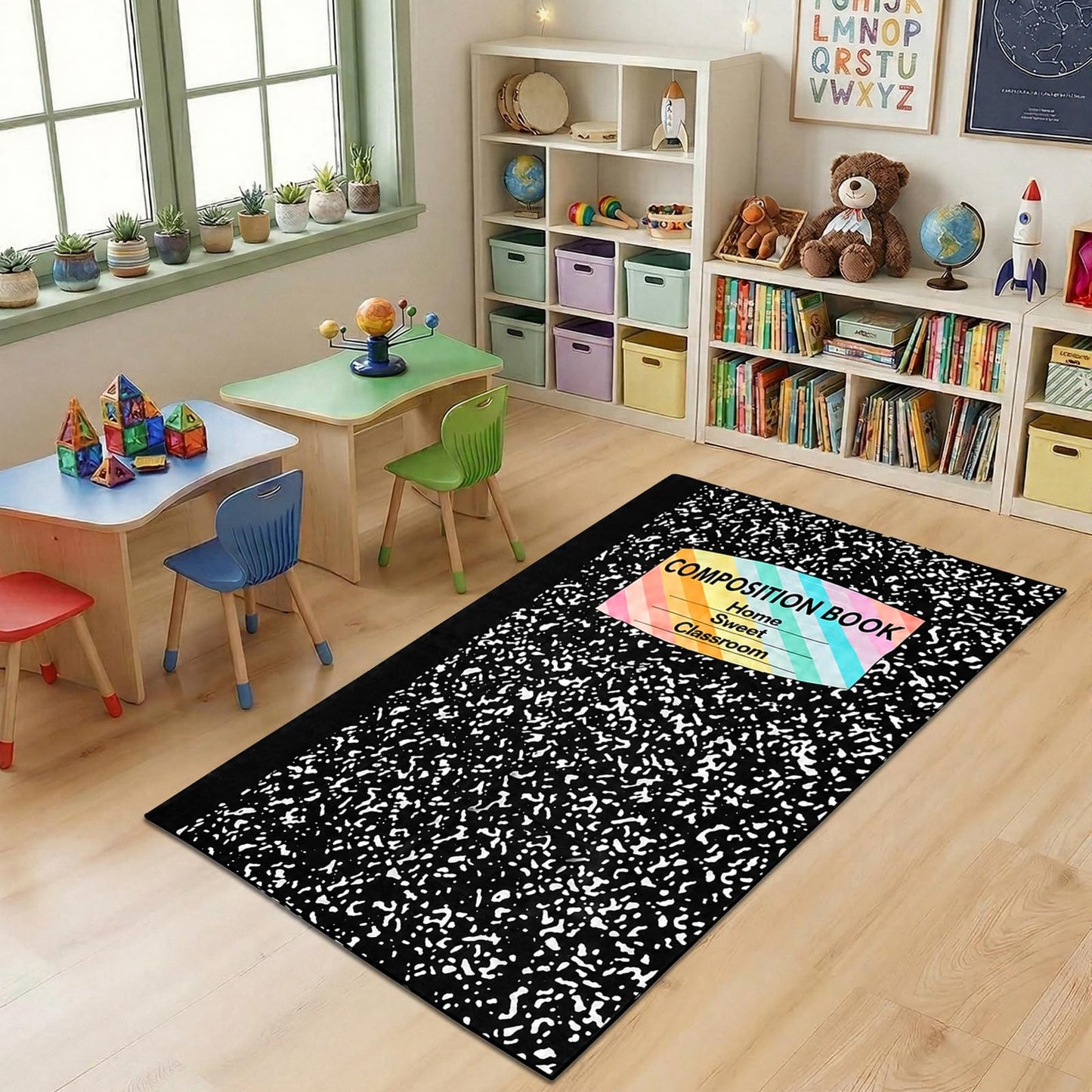APUDWN Composition Notebook Classroom Rug 7x5 Ft Large Non Slip Educational Area Carpet Soft Back to School Floor Mat Decor for First Day Teacher Party Gift Nursery Playroom Homeschool Reading Corner