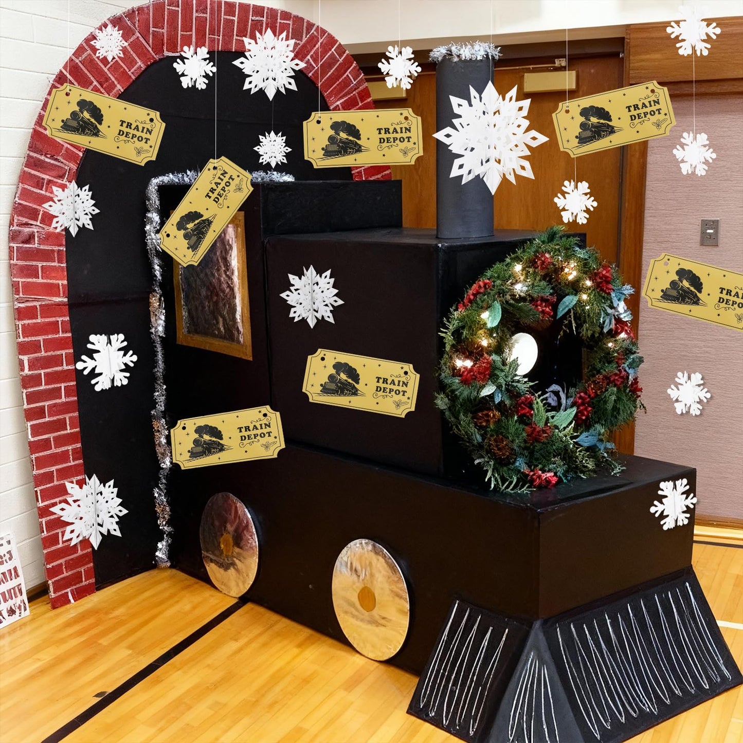 Oudain 36 Pcs Christmas Polar Train Ornaments 12 Polar Train Golden Tickets 24 White Paper 3D Snowflakes Christmas Winter Party Decorations for Winter Xmas Tree Home Wall Ornaments