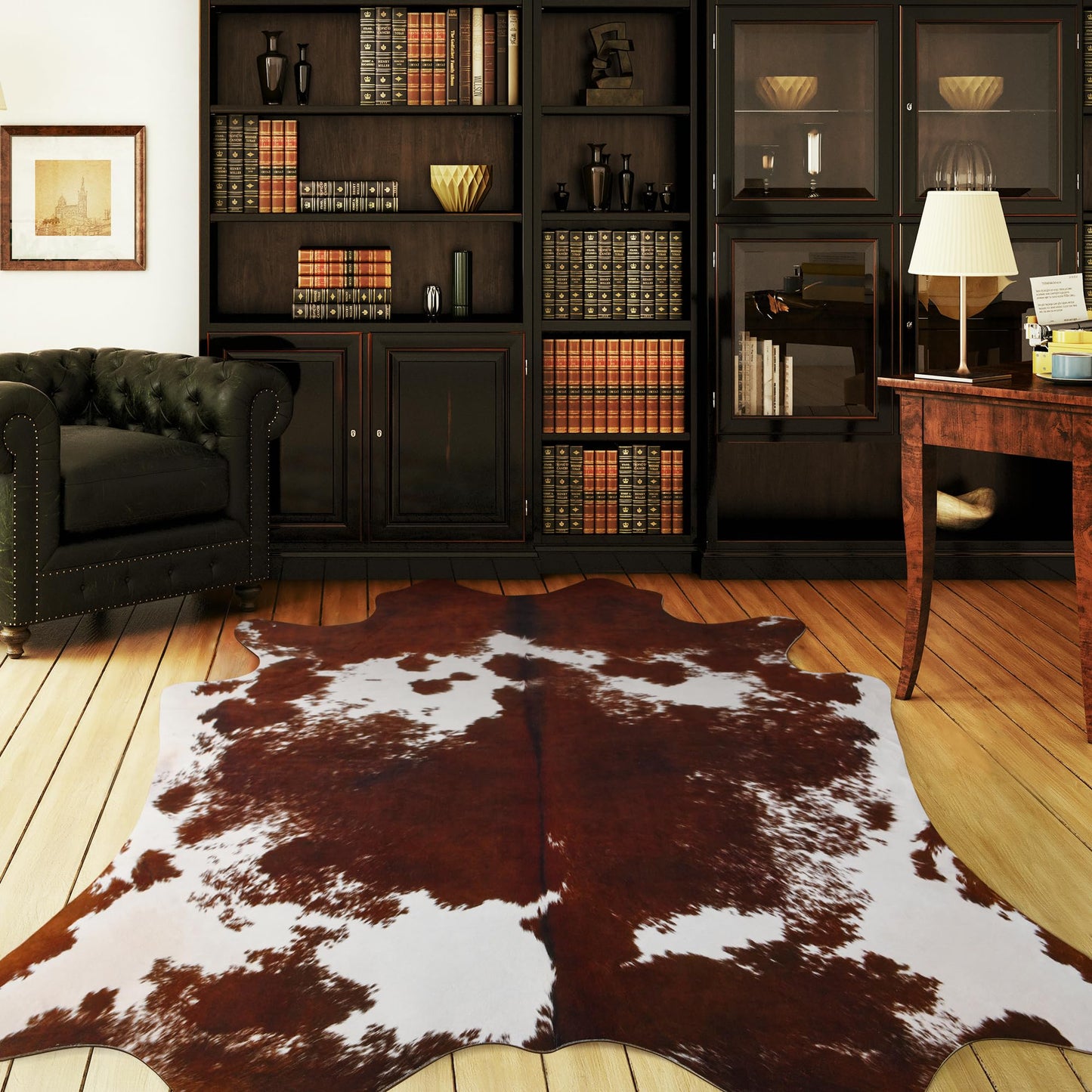 LYENDOS Cowhide Rug 5.2 x 6.3 Feet, Cow Hide Durable No-Slip Backing, Faux Cowhide Thickened Elastic, for Bedroom Living Room Home Office Western Decor