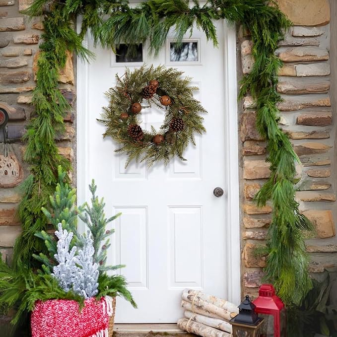 22-Inch Handcrafted Artificial Christmas Wreath with Pinecones, Rust Bell, and Lifelike Pine Branches Winter Holiday Wreath for Front Door and Home Décor, Indoor/Outdoor Seasonal Décor