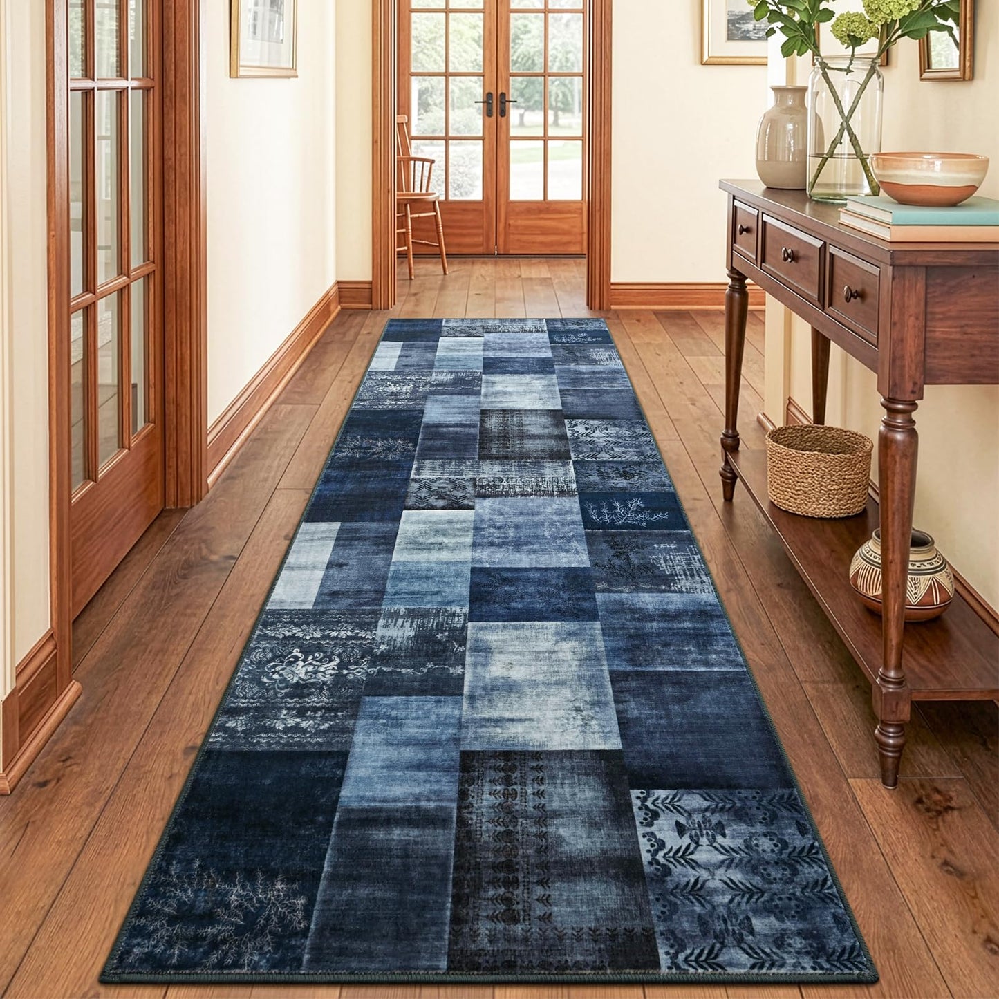 DweIke Runner Rug for for Hallways, 2'x6' Washable Kitchen Rugs with Non Slip Rubber Backing, Soft Low Pile Non-Shedding Geometric Carpet for Laundry Bedroom Bathroom, Navy Blue