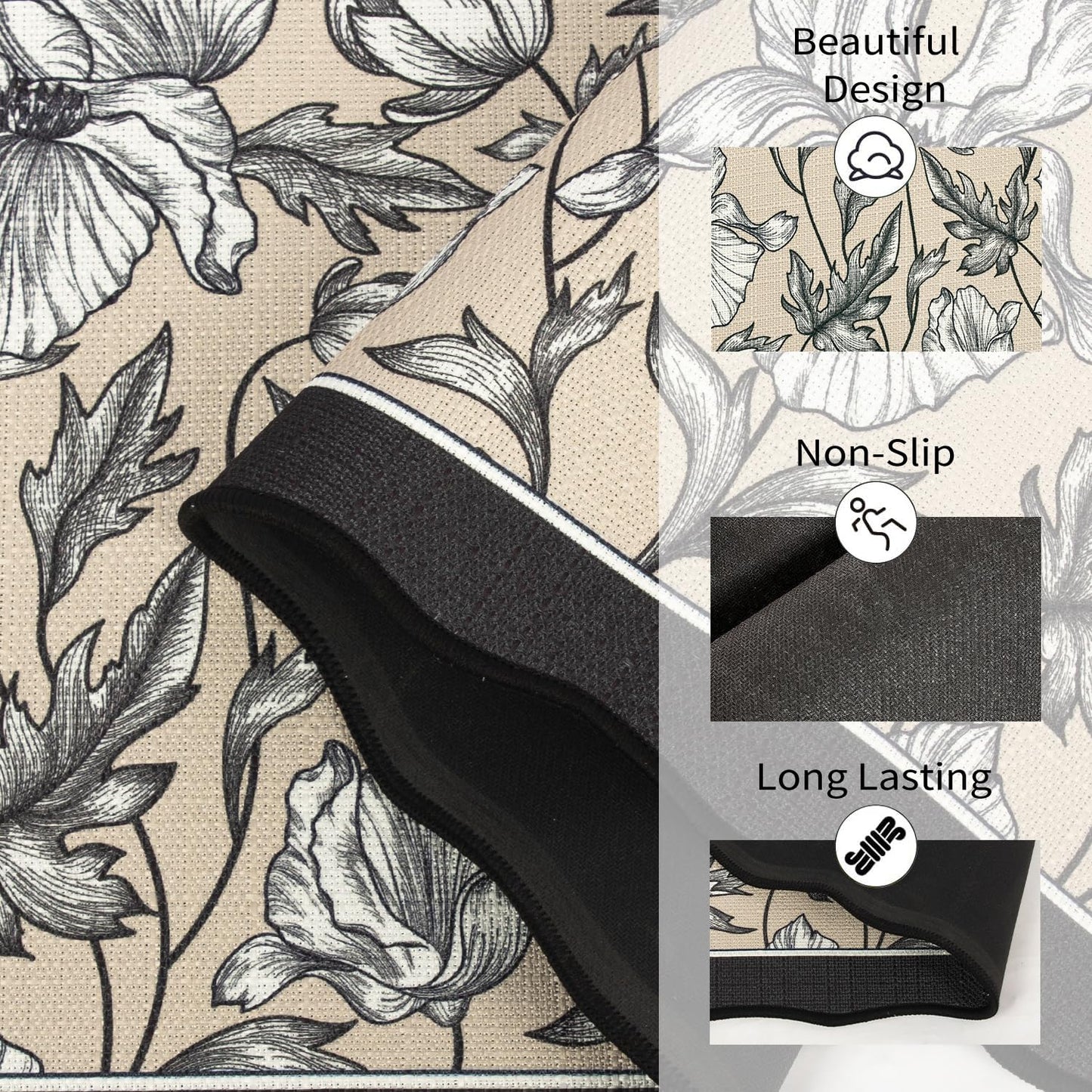 Brevoscht Scalloped Black Kitchen Rug Sets of 2, Non Slip Washable Kitchen Mats for Floor, Floral Comfort Standing Mat for Hallway Sink Laundry Office 16.5x29.5 and 16.5x47 Inch