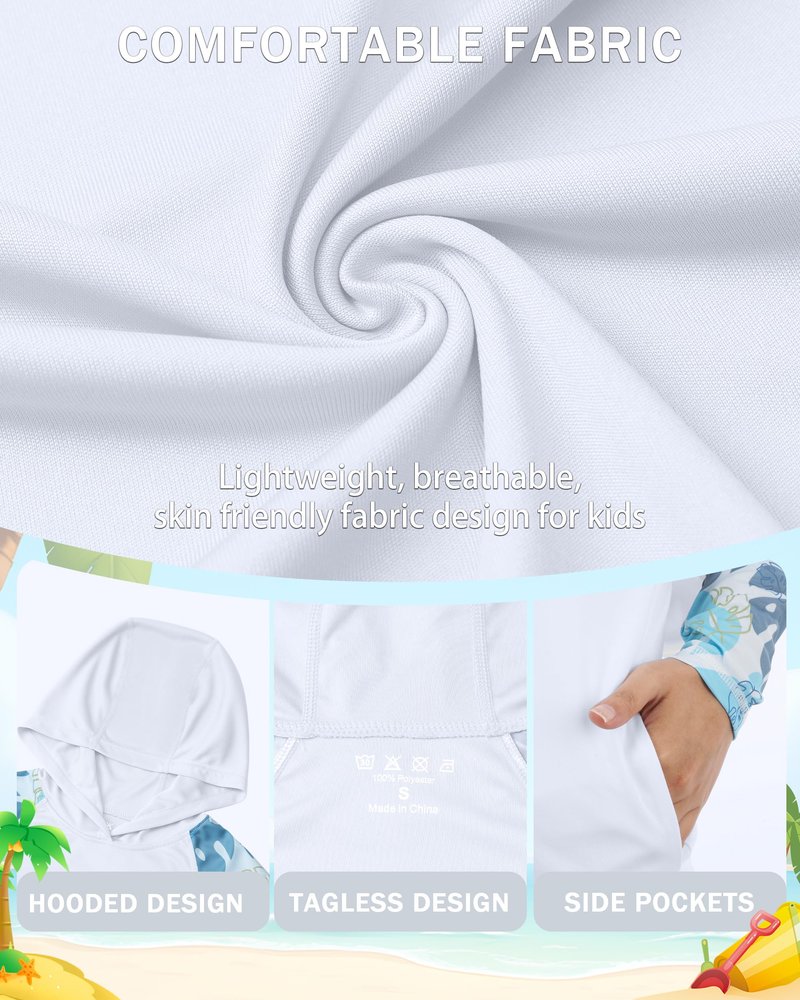 DRONIRING Boys Rash Guard Swim Hoodie, UPF 50+ UV Sun Protection Long Sleeve Fishing Shirt, Kids Youth SPF Water Shirts White-Blue