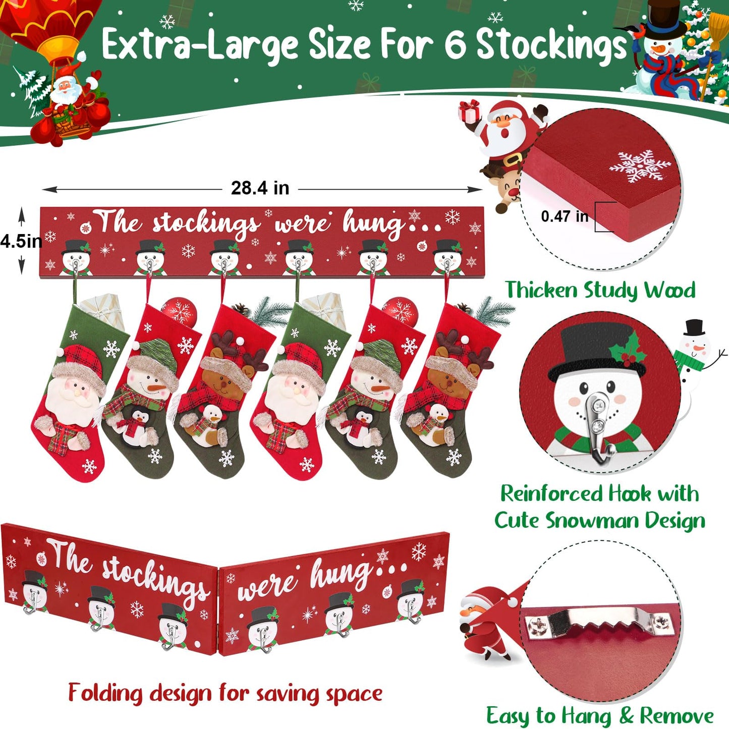 Christmas Stocking Holder Mantle Christmas Stocking Hangers for Mantel Fireplace Wall Hanging Sign with 6 Hangers Collapsible And the Stockings Were Hung Christmas Stocking Hooks Xmas Decor 28.4 Inch