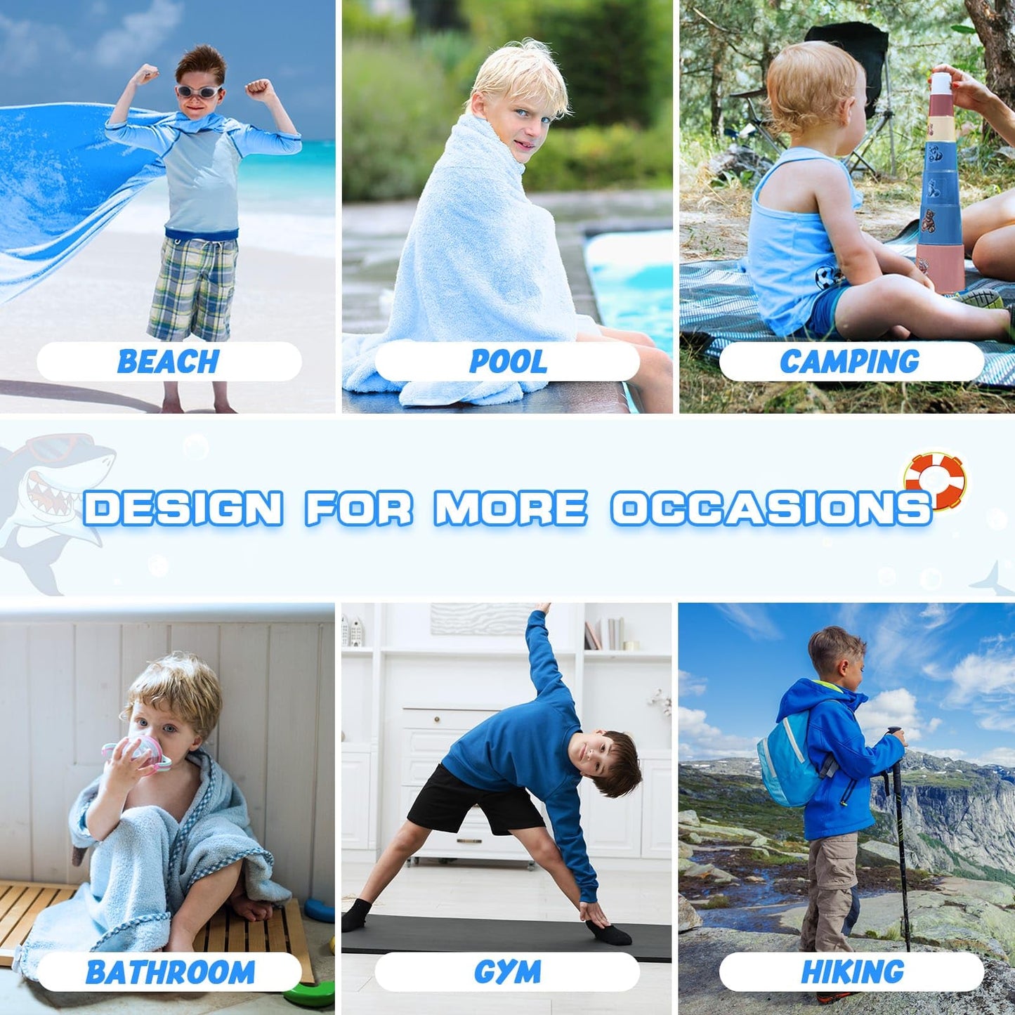 WERNNSAI Shark Kids Beach Towel for Boys, 30”x 60” Microfiber Double-Sided Beach Towel for Kids Quick Dry Sand Free Pool Towel Personalized Toddler Beach Towel Travel Swim Camping Towel