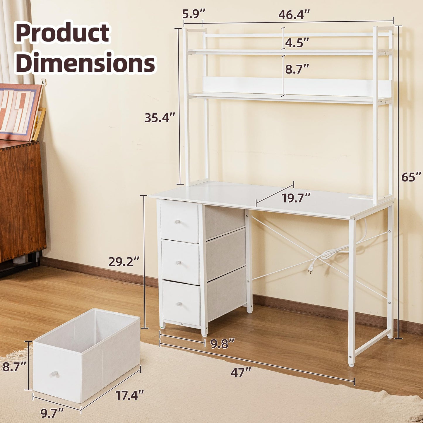 Aquzee Computer Desk with Drawers, 47 inch Desk Hutch, Gaming Desk with Storage Shelves, Power Outlets & Bookshelves, Study Writing Desks for Bedroom Living Room Home Office, White