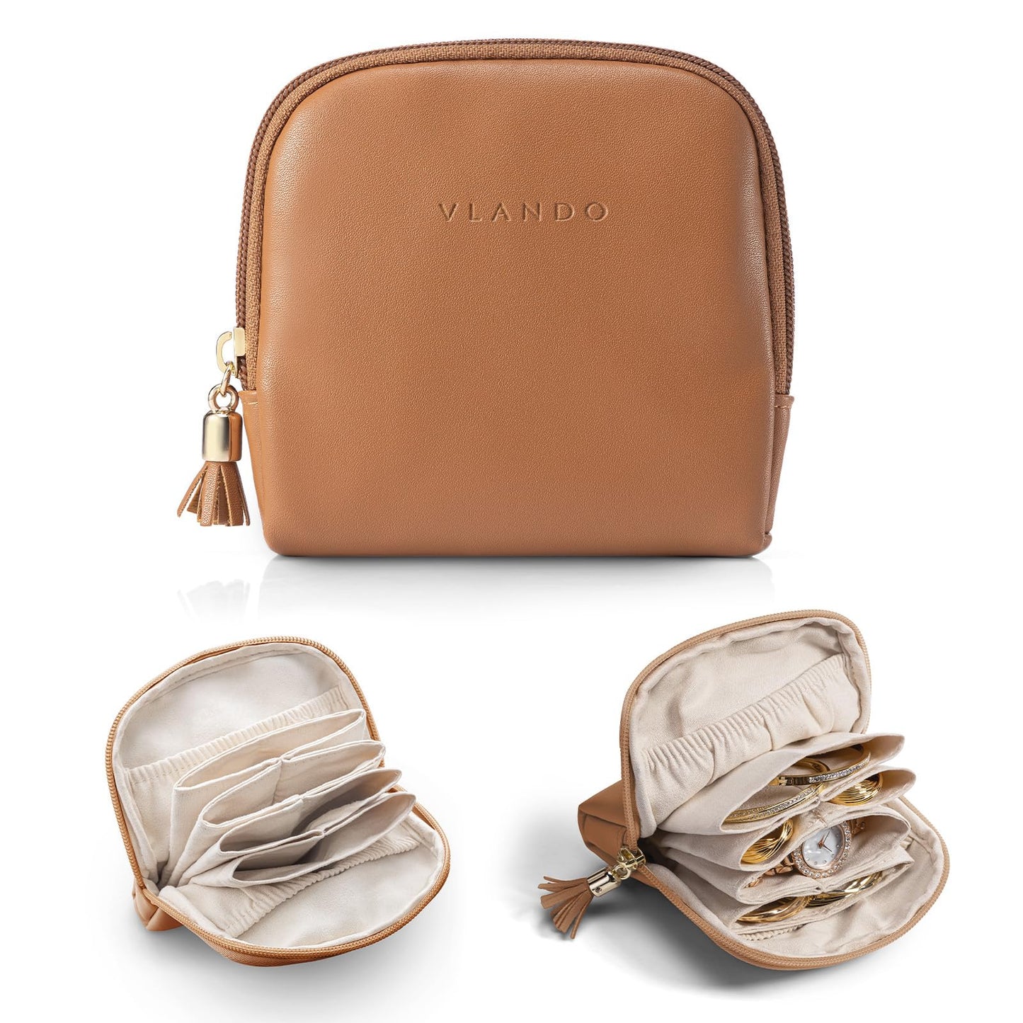 VLANDO Small Travel Jewelry Case,Jewelry Pouch Bags with Zipper,Velvet Jewelry Organizer Storage Bag for Bracelet Rings Earring-Brown