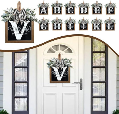 Ultra Large 14'' Last Name All Year Round Front Door Wreath with 26 Initial Letter Welcome Sign All Seasons Eucalyptus Garland and Bow Wreaths for Front Door Porch Farmhouse Decoration (V)