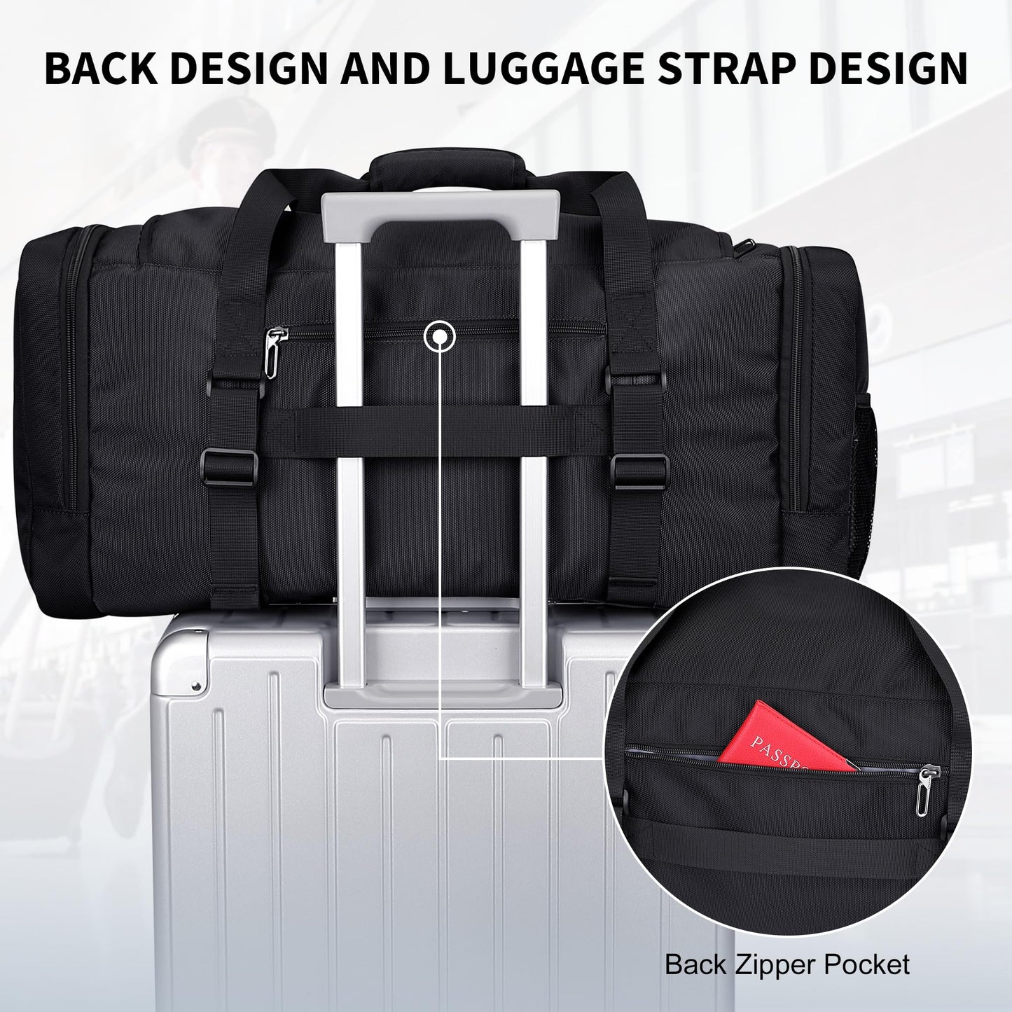 WITZMAN Duffle Bag for Men Large Carry On Weekender Bag 54L Nylon Duffle Gym Bags for Travel with Shoes Compartment(B717 Black)