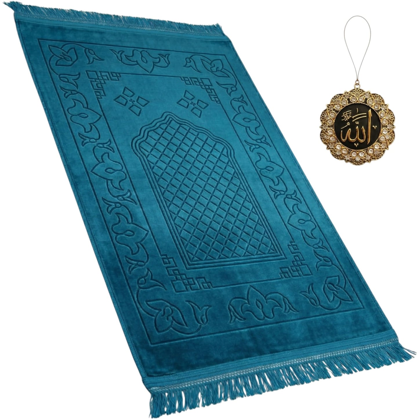 Modefa Muslim Prayer Rug Islam, Soft Plush Velvet Praying Mat Thick Sajadah with Car Hanger | Simple Pattern Solid Not Distracting | 31.5 x 47in Non-Slip Padded Prayer Mat (Mihrab Teal)
