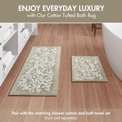 Madison Park Serene 100% Cotton Tufted Bathroom Rug - High & Low Tufting Floral Leaf Design, Quality Luxurious Plush Medium Pile Bath Mat Absorbent, Quick Dry, Shower Room Décor, 21x34 Taupe