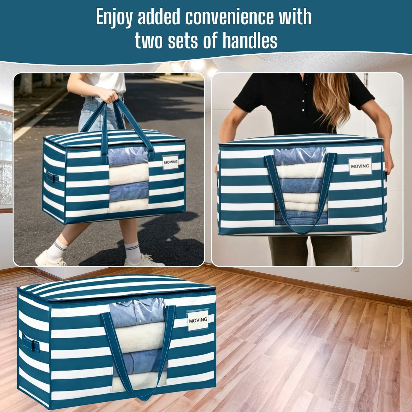 VENO 6 Pack Heavy Duty Moving Bags, Clothes and Comforter Storage Bags with Clear Window, College Dorm Essentials Packing Supplies, Foldable Boxes Alternative (Classic Navy Stripe, 6 Pack)