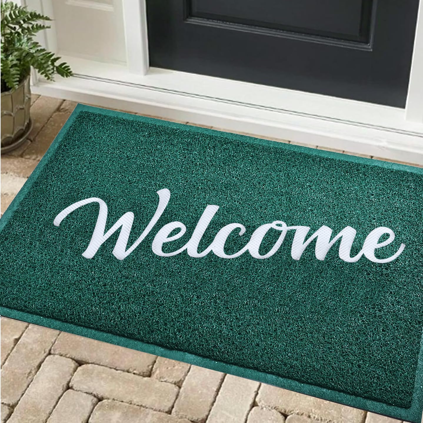 T.HENV Welcome Mat Outdoor Indoor, 32x20 100% Waterproof Front Door Mat Outside Entrance, All-Weather Quick Dry Doormat, Low Profile Patio Proch Entryway Mat, Non Slip, Easy Clean, Green-White