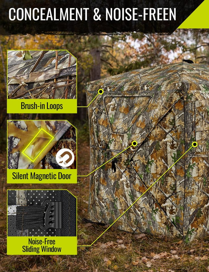 TIDEWE Hunting Blind 270°Full See Through with Windproof Curtain, Silent Magnetic Door & Sliding Windows, 2-3 Person Pop Up Ground Blind with Carrying Bag, 300D Portable Tent (FD Camo Half Seethrough)