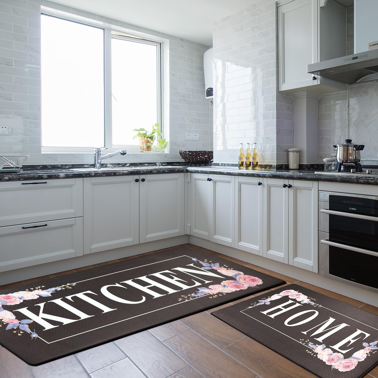 Floral Kitchen Mat Sets 2PCS Non Skid Waterproof Kitchen Rugs and Runner Sets Cushioned Anti-Fatigue Comfort Mat for Home,Office Memory Foam Kitchen Rug, 17.3"x30"+17.3"x47", Black/Pink
