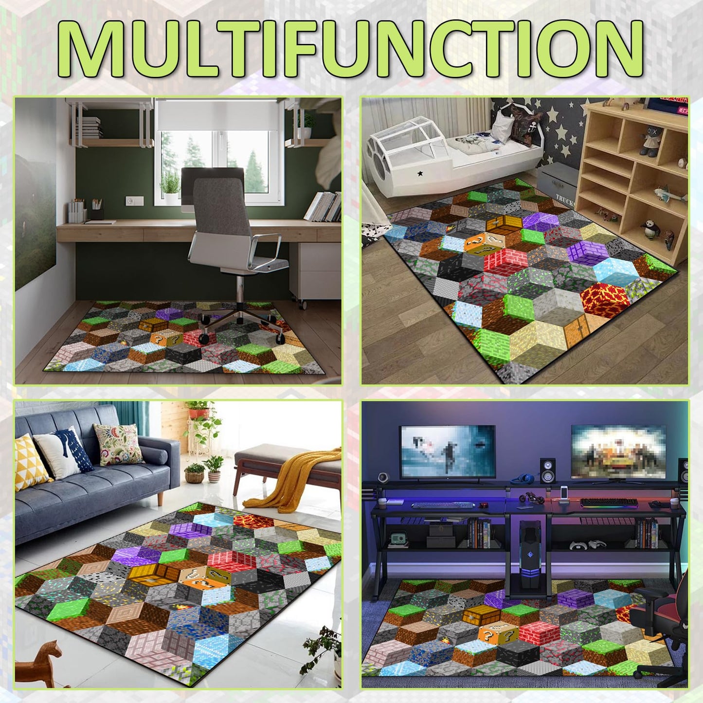 Block Game Rug Teen Boys Carpet with Pixel Games Element Decoration Mat, Cube Block Game Rugs for Boy’s Bedroom Living Room Playroom, Non-Slip Children Gaming Area Rugs (86" x 63")