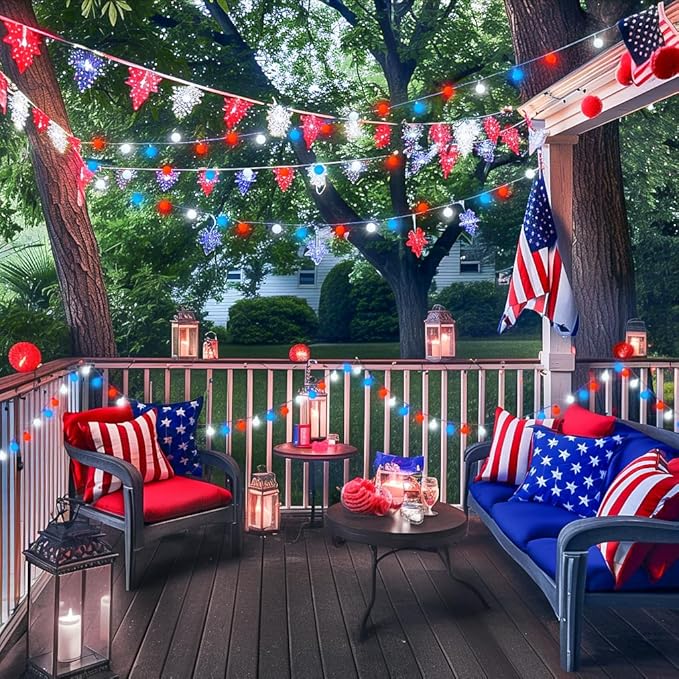 JMEXSUSS Red White and Blue Lights Battery Operated, 33ft 4th of July Lights Outdoor Waterproof, 100 LED String Light for Independence Day Memorial Patriotic Day Decor