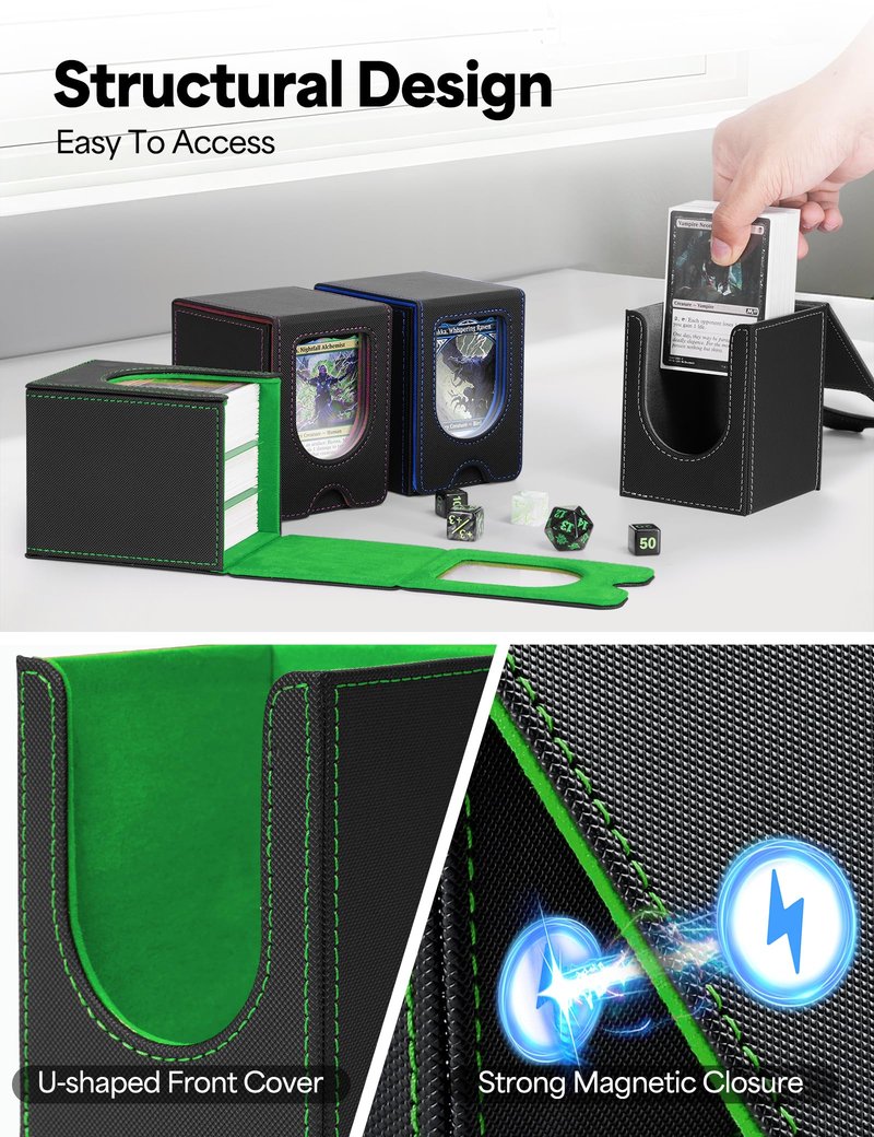 banloga Card Deck Box for MTG Commander, Card Case Holds 100+ Double-Sleeved Cards, Magic Card Box Fits for TCG/PTCG/CCG Card with 2 Dividers (Black&Green)
