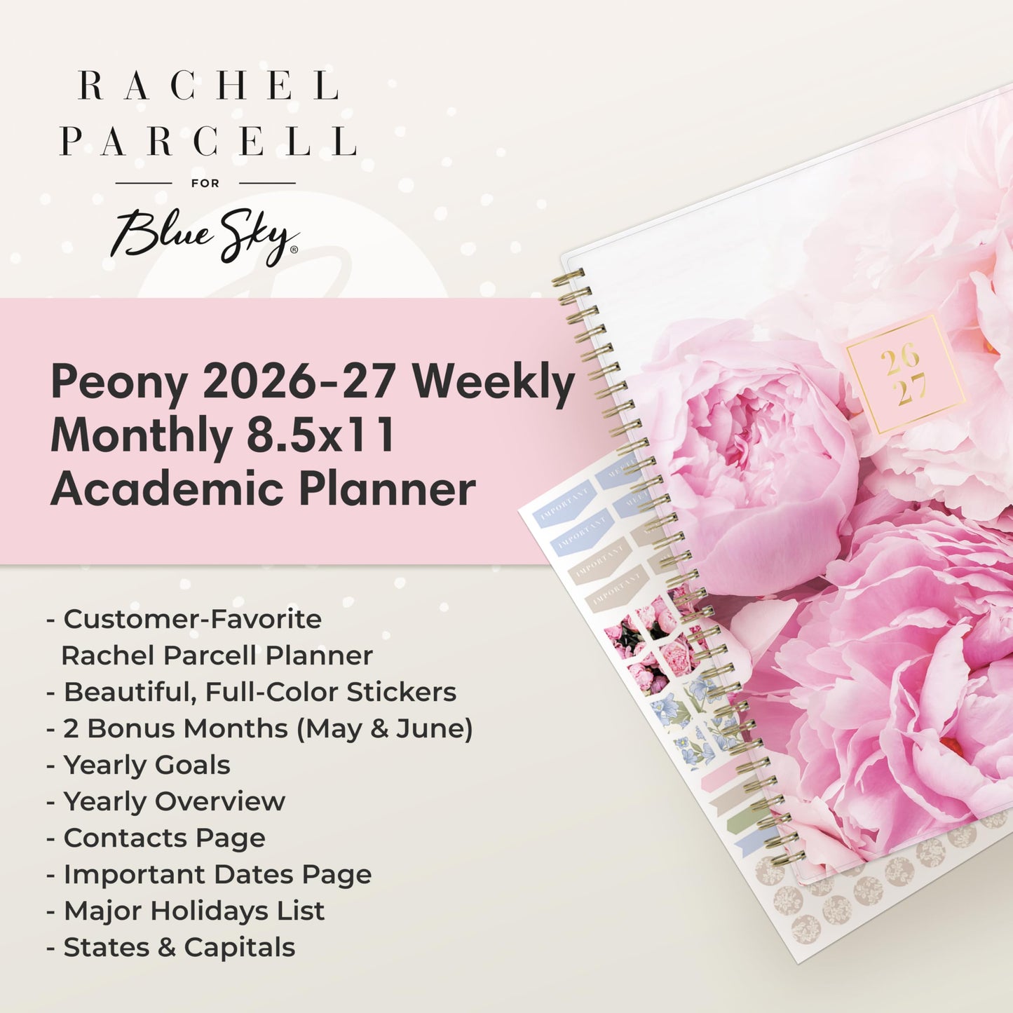 Blue Sky Rachel Parcell 2026-2027 Weekly and Monthly Academic Year Planner Calendar, July 2026 - June 2027, 8.5" x 11", Flexible Cover, Wirebound, Laminated Tabs, Storage Pocket, Includes Stickers, Peony