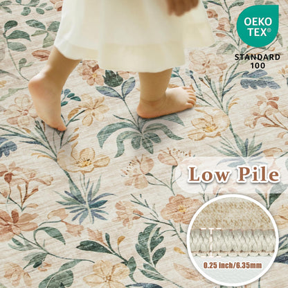 8x10 Area Rugs Washable Rug: Large Boho Living Room Rug Soft Non-Slip Low Pile Carpet Indoor Floor Non-Shedding Neutral Floral Carpets for Bedroom Dining Room Farmhouse Nursery Beige
