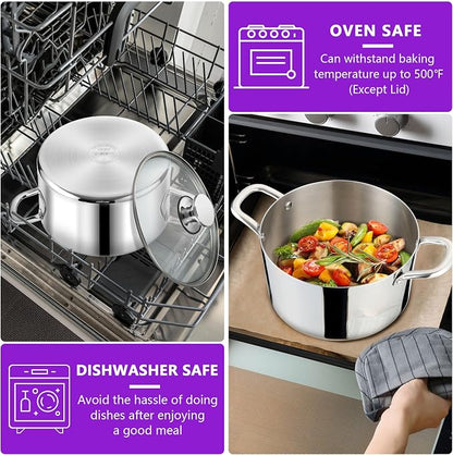 P&P CHEF 5 Quart Tri-Ply Stainless Steel Stock Pot, 5 Qt Stockpot Pasta Cooking Pot with Visible Lid for Soup Vegetable, Induction Cookware for All Stoves, Sturdy & Double Handle, Dishwasher Safe