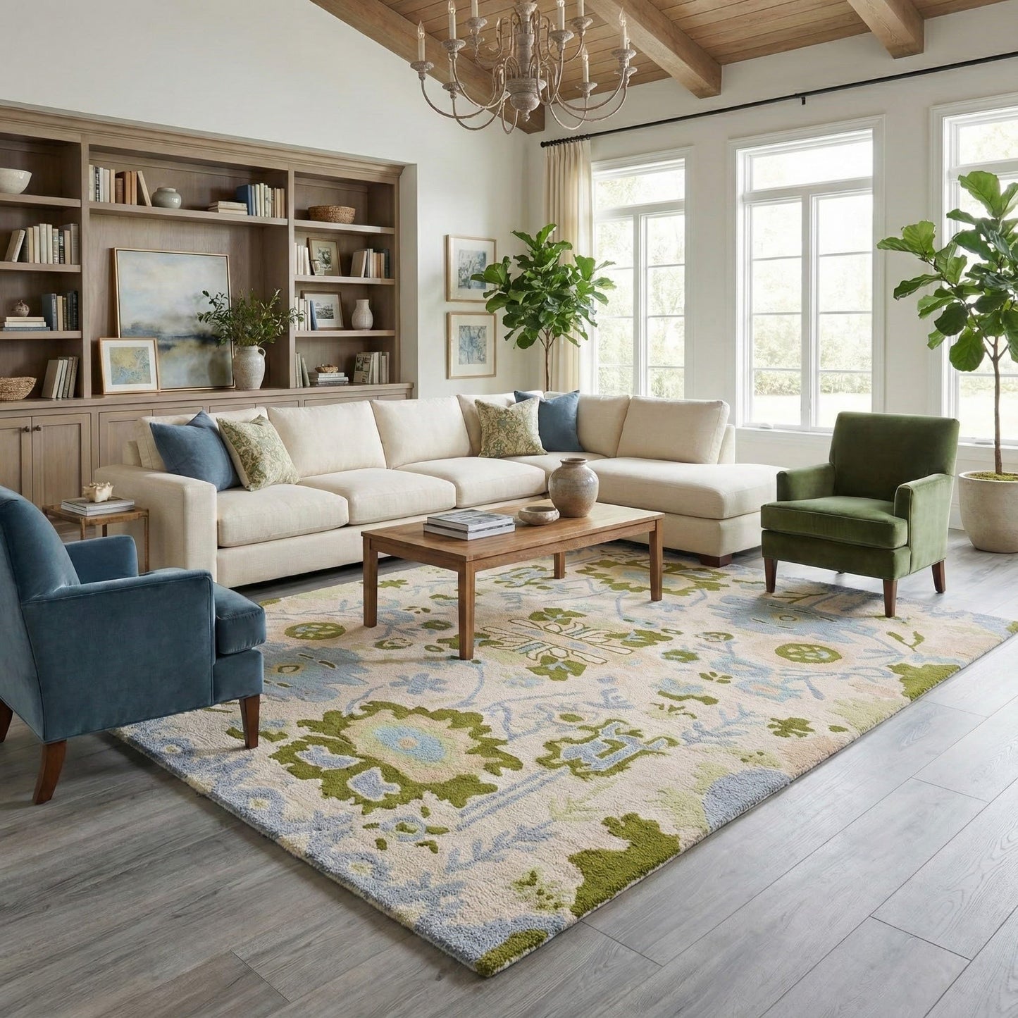 Handmade Oushak Wool Area Rug | Floral and Botanical Patterns in Soft Blue and Green | Luxurious Thick Pile for Living Room, Bedroom & Dining Room Decor (Blue & Green, 4' x 6')