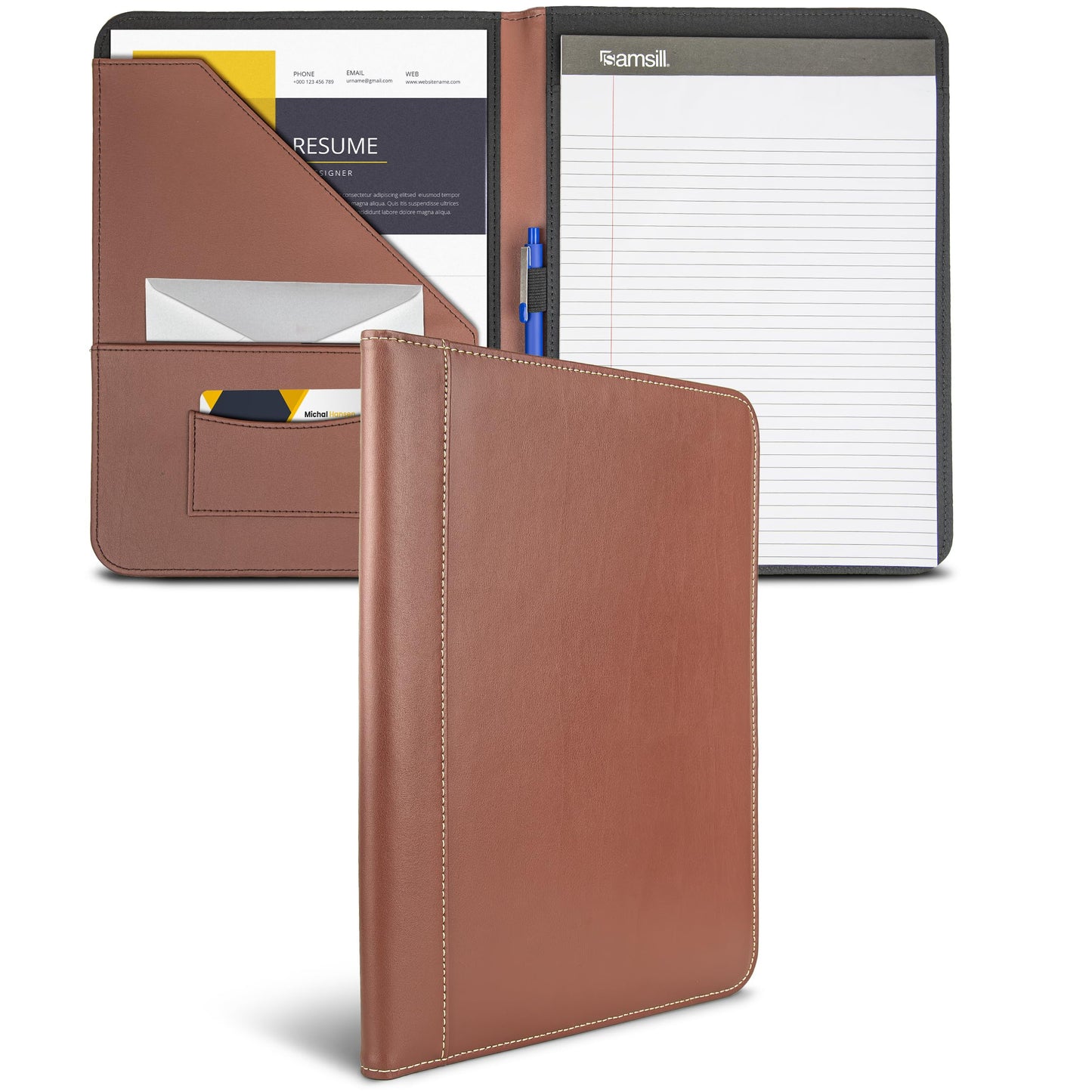 Samsill Contrast Stitch Leather Padfolio and Business Portfolio for Men and Women, Resume/Document Organizer with Writing Pad, Tan