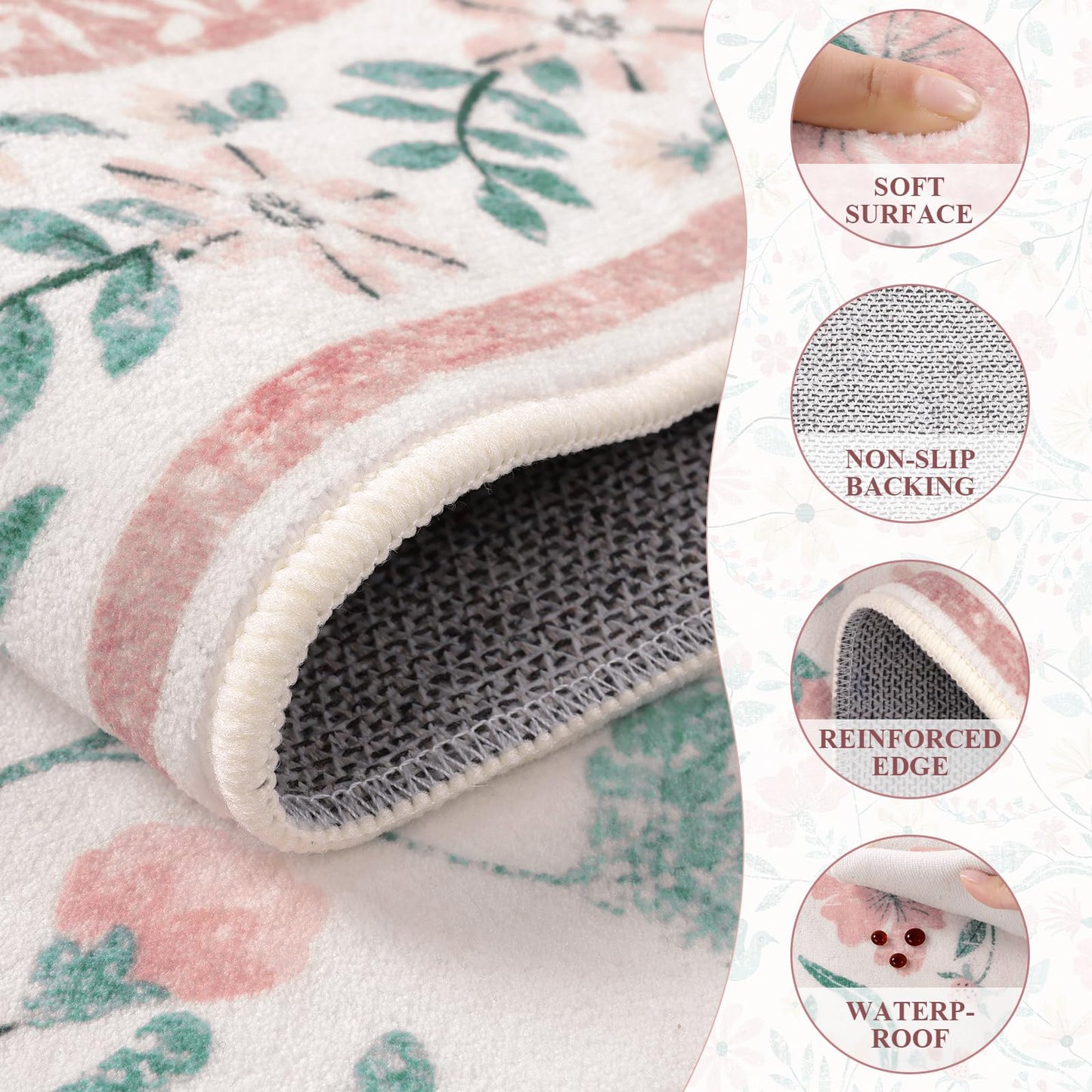 SHACOS Pink Floral Area Rugs 5x7 Nursery Rug, Machine Washable Boho Rugs for Bedroom, Non Slip Soft Floral Low-Pile Carpet for Living Room Kids Room Dining Room Entryway Indoor