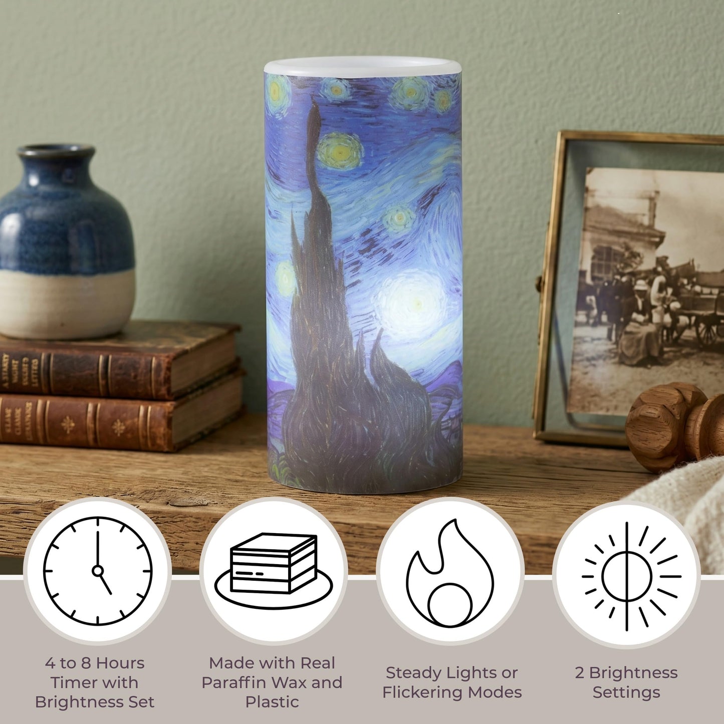 Lavish Home Flameless Candles -Van Gogh Starry Night Battery Operated Candles with Remote and Flickering Light for Home Décor