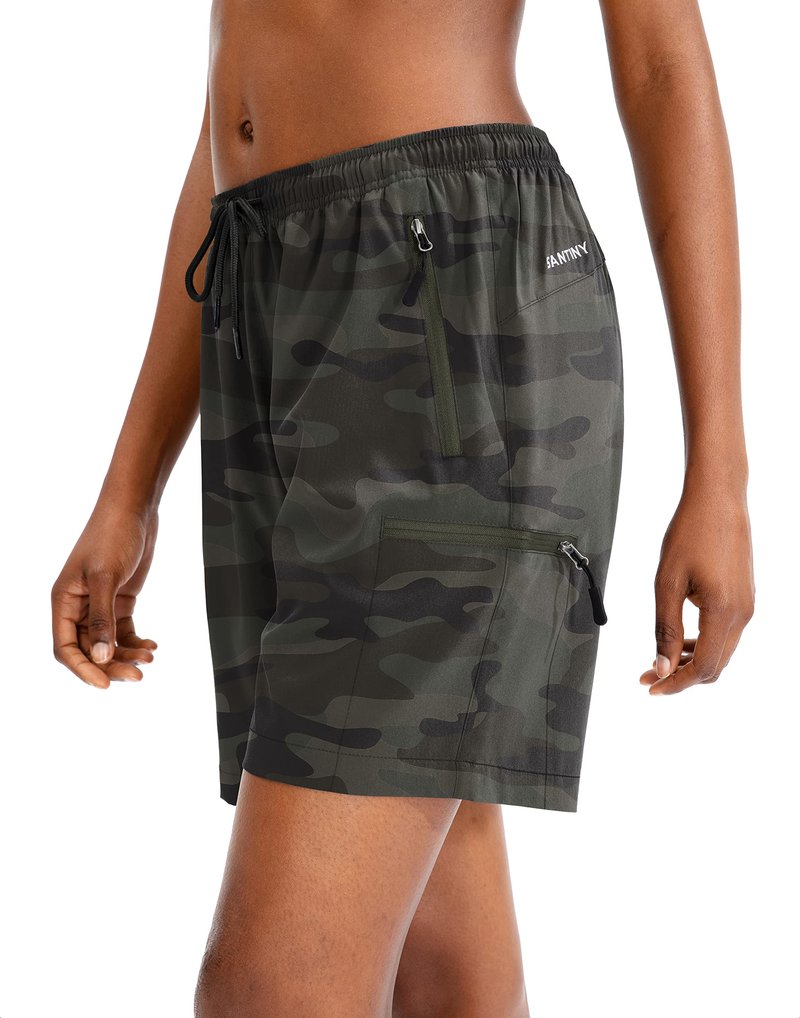 SANTINY Women's 5''/ 7''/9'' Hiking Cargo Shorts Quick Dry Lightweight Summer Shorts for Women Athletic Golf Zipper Pockets(Green Camo_M)