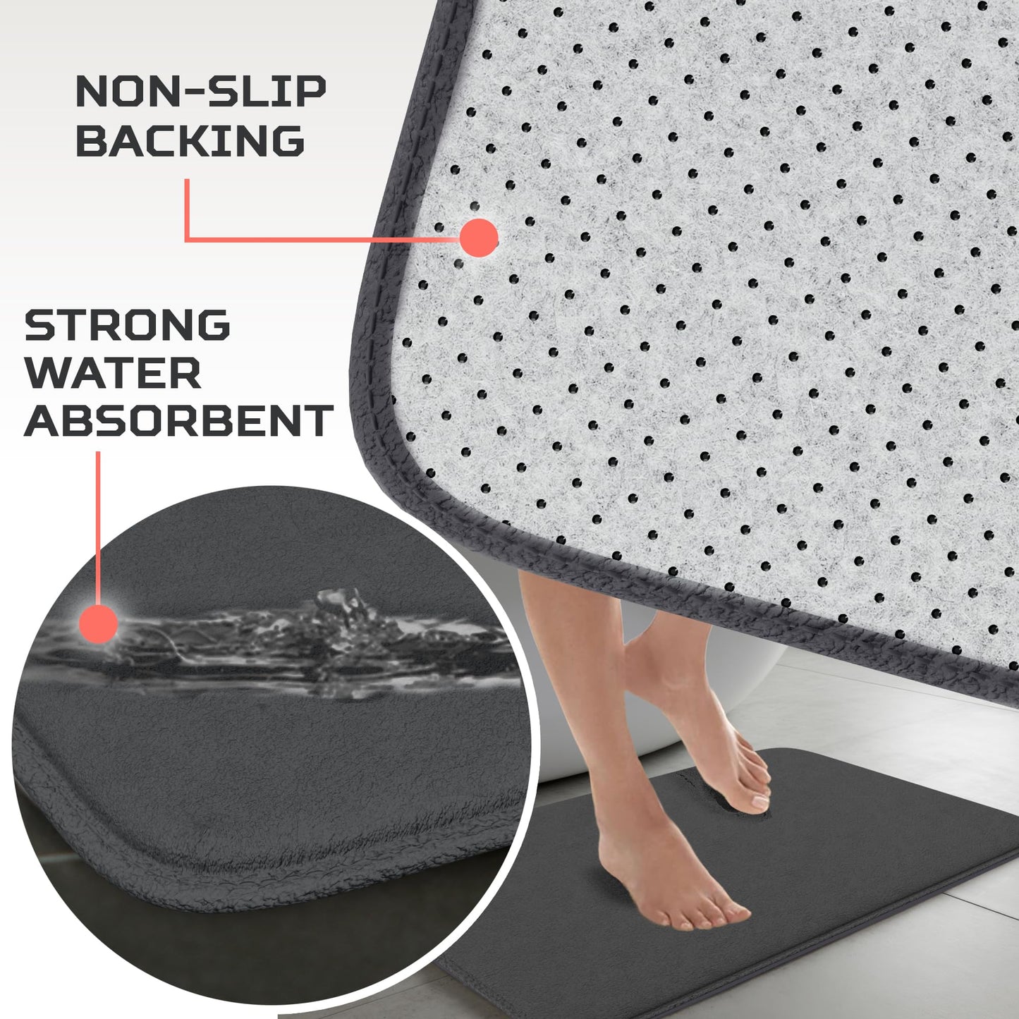 Elvoki 2-Piece Bathroom Rug Set - Memory Foam Bath Mats, Ultra-Soft, Water Absorbent, Machine Washable Charcoal Bathroom Rugs