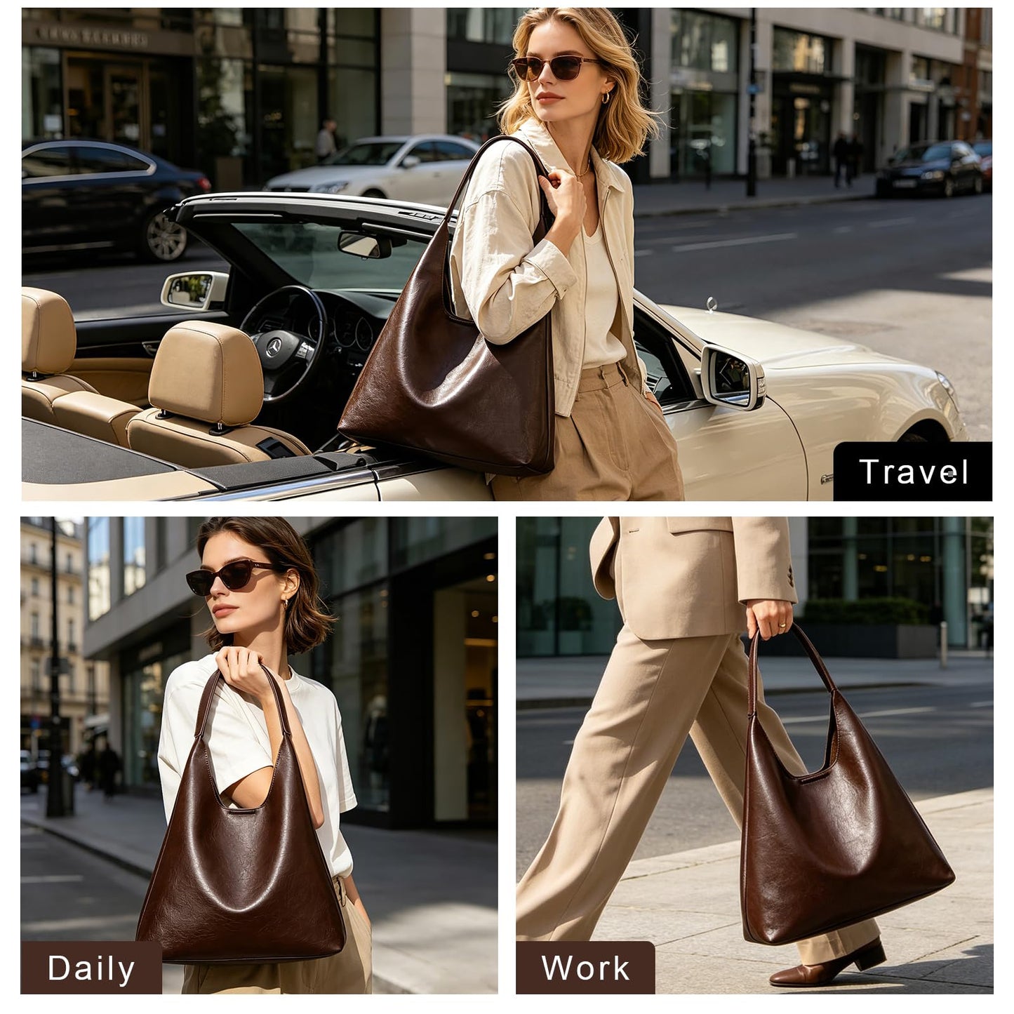 Hobo Tote Bag for Women, Large Capacity Soft Vegan Leather Shoulder Bag with Inner Pouch for Work Casual (Coffee)