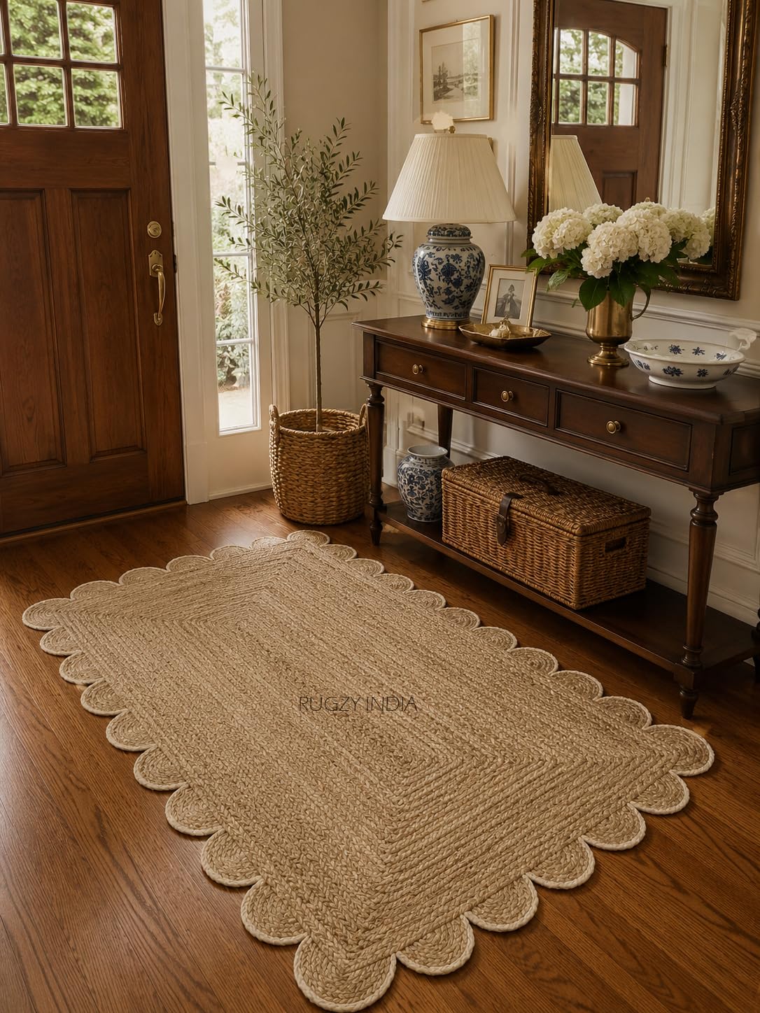 Scalloped Natural Jute Area Rug Natural Base Off White Trim (Off-White, 2'x3')