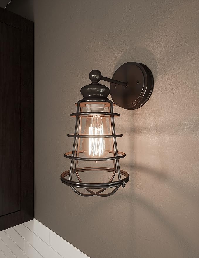 Design House 519710 Ajax Industrial Modern 1-Light Indoor Wall Sconce with Metal Wire Cage for Bathroom Hallway Foyer Kitchen, Coffee Bronze