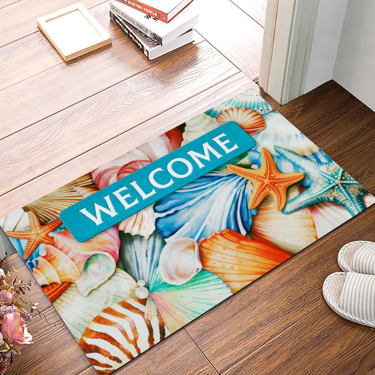 Likiyol Summer Door Mat Outdoor Indoor Welcome Mat, Ocean Beach Front Door Mat Outside Entrance, Non Slip Washable Rubber Entryway Rug Seashell Outdoor Mats for Front Door, Low Profile, 18" x 30"