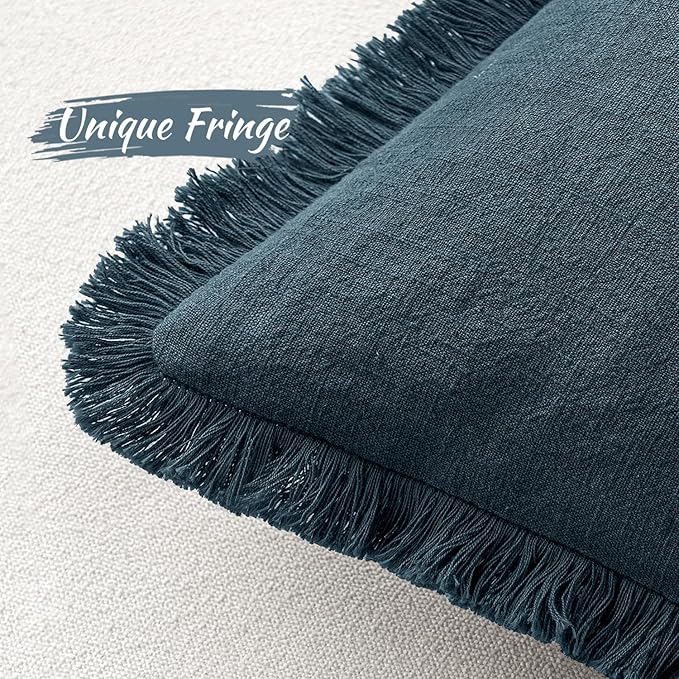 MIULEE Decorative Throw Pillow Covers Neutral Linen Fringe Throw Pillows Euro Shams Set of 2 Navy Blue Boho Farmhouse Cushion Covers for Couch Sofa Bed Living Room Spring Home Decor 22x22 Inch