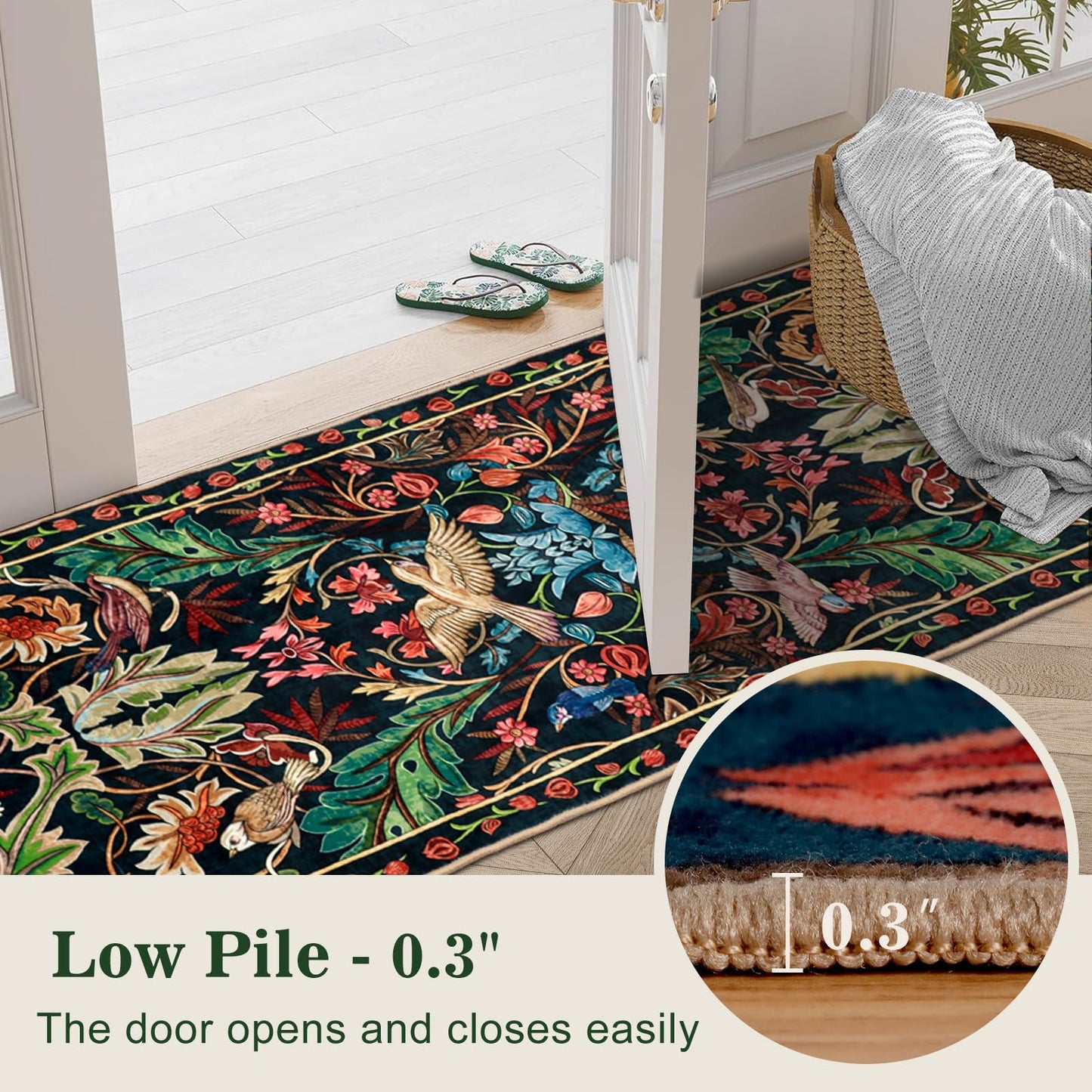 nesrt Botanical Runners for Hallways Kitchen Rug Non Slip 2x10, Long Washable Boho Jungle Runner Rugs, Soft Floral Forest Birds Carpet Runner for Hall, Laundry, Bedroom, Bathroom (Dark Green)