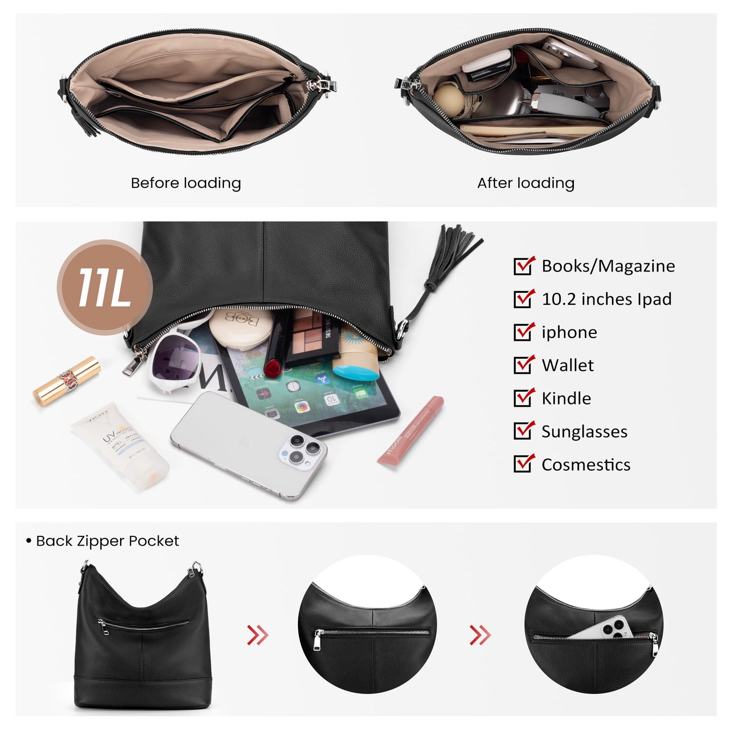 befen Genuine Leather Hobo Bags for Women, Black Crossbody Bags for Women Large Leather Purses, Women's Shoulder Handbags with 2 Removable Strap, Slouchy Bucket Purse With Zipper Pocket for Everyday
