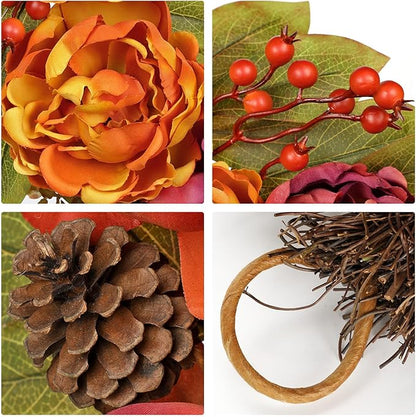 Fall Teardrop Swag with Peonies – 23.6 Inch Artificial Hanging Floral Wreath with Berries & Leaves for Thanksgiving Autumn Decoration